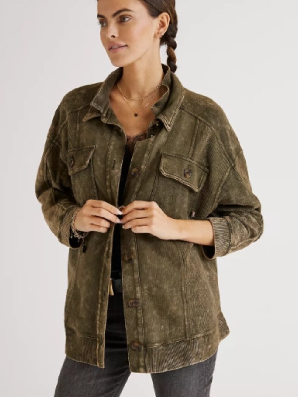 EUC PILCRO Relaxed Shirt Jacket Button Down Olive Distressed 100% Cotton L
